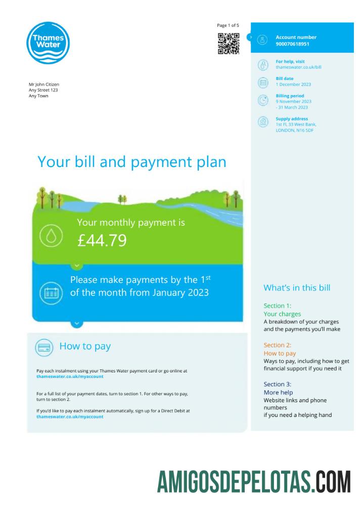 imprimível Modelo Word e PDF de conta de serviços públicos de água do Tâmisa do Reino Unido, versão 3